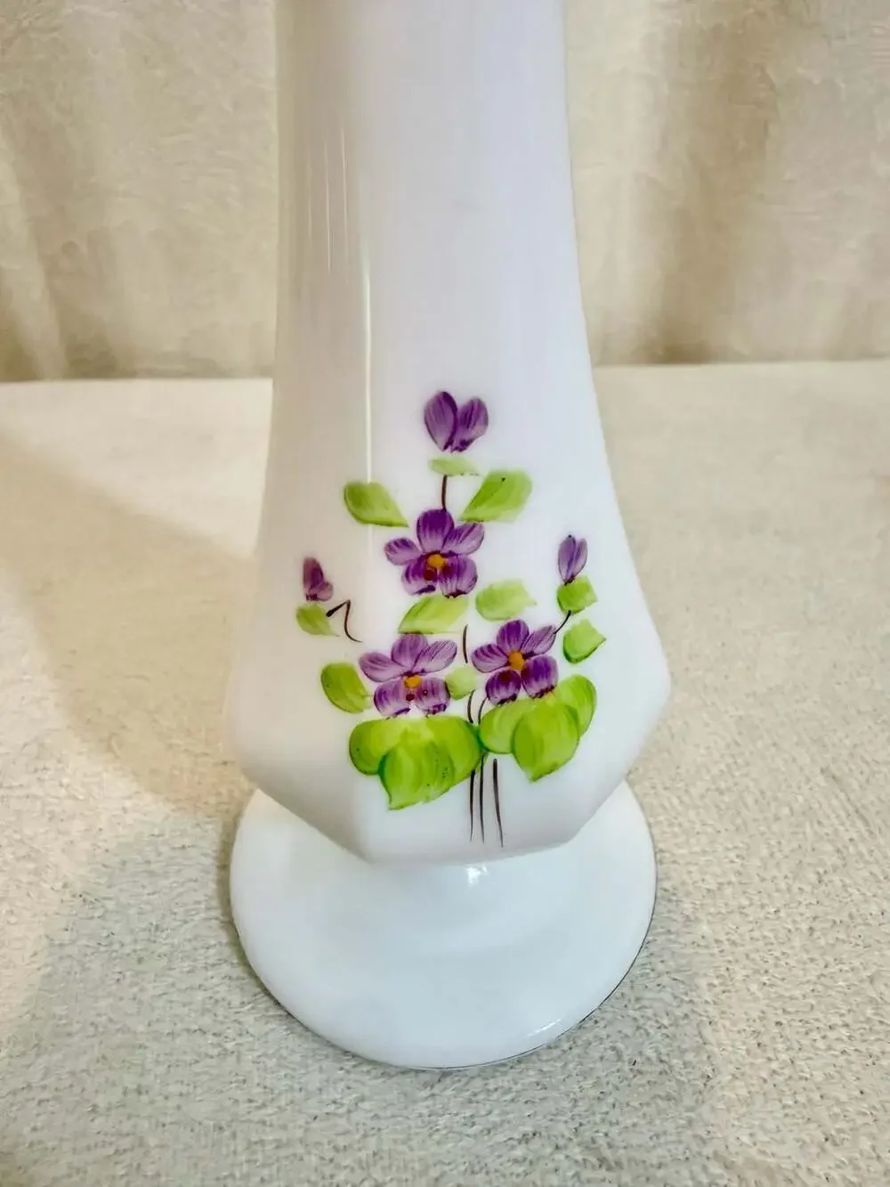 Vintage Fenton Milk Glass Bud Vase with Hand-Painted Violets by Nancy